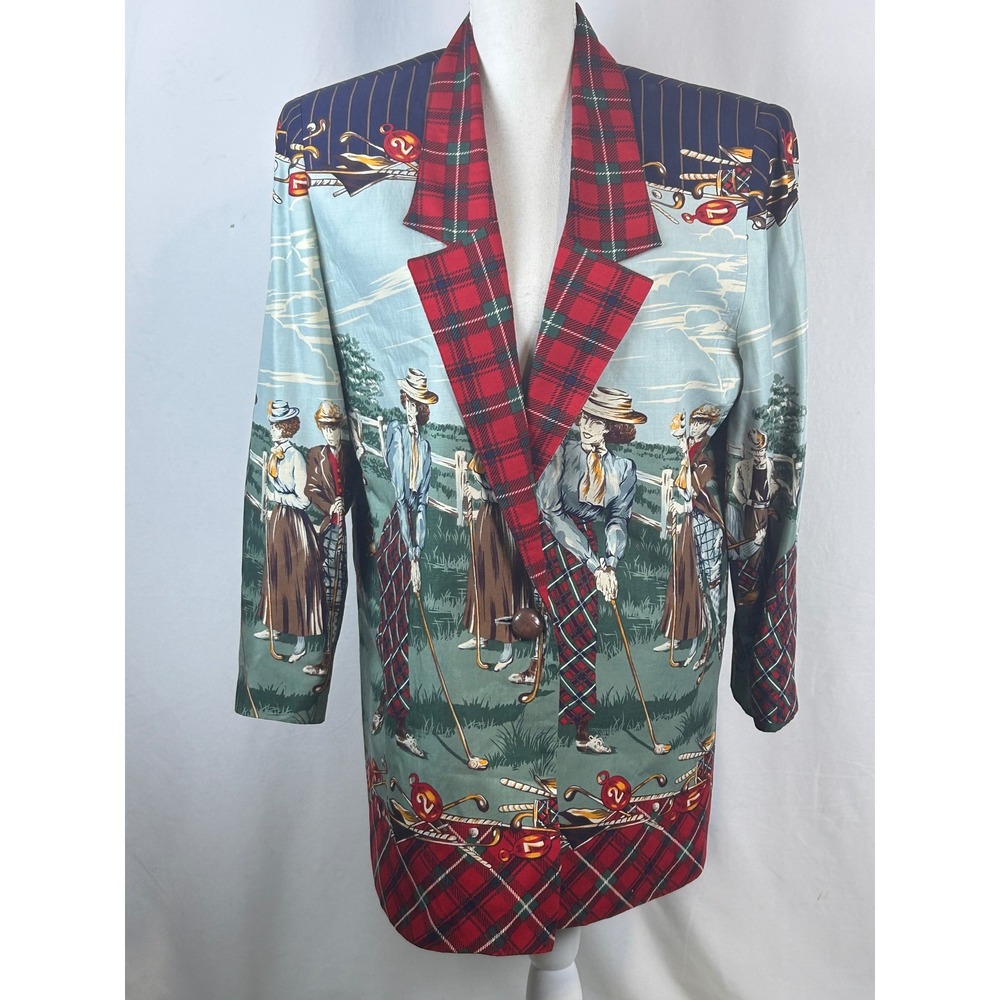 Vintage Golf Novelty Print Blazer Women Size L Multicolor Excellent Tartan Plaid